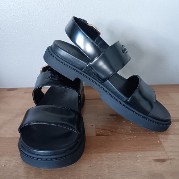 Coach Lockup Two Band Sandal CAP52 Size 6 B - Black Leather - Gold Buckle NWB - Picture 2 of 13